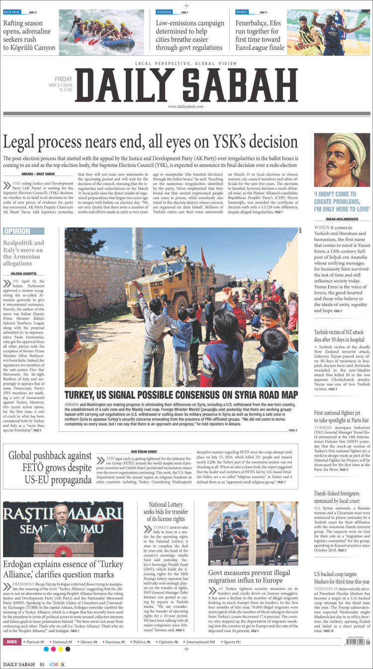 Portada de Daily Sabah (Turqu&iacute;a)