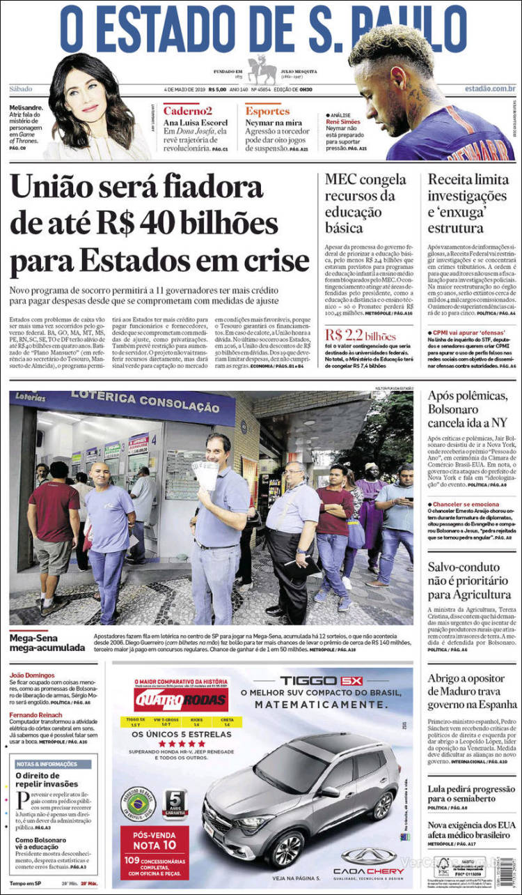 Portada de O Estado de São Paulo (Brasil)