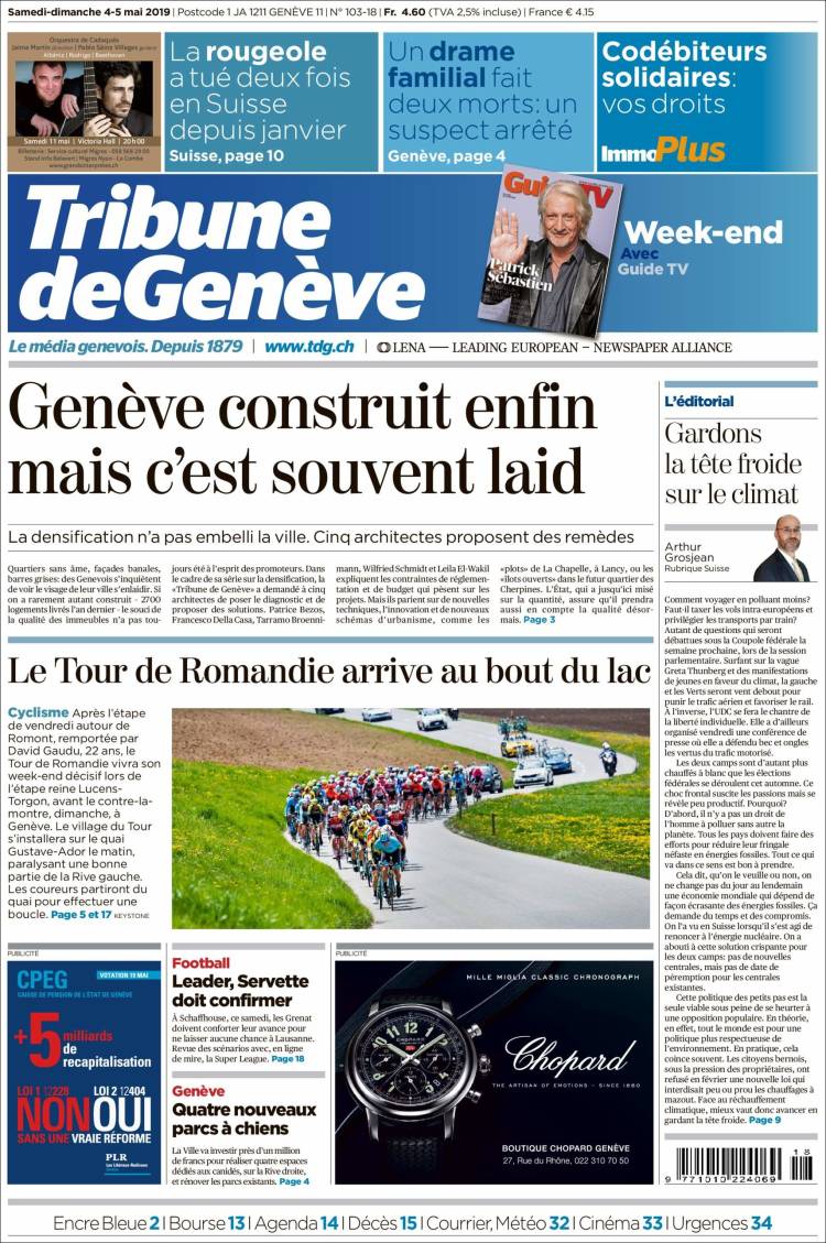 Portada de La Tribune de Genève (Suiza)