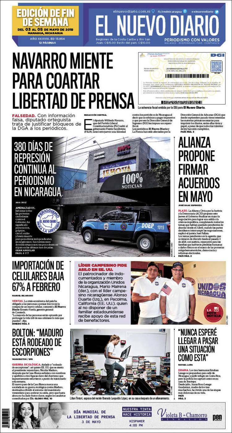 Portada de El Nuevo Diario (Nicaragua)