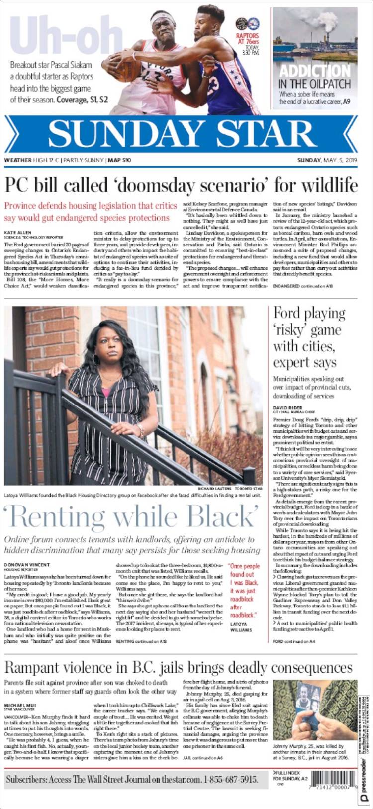 Portada de The Toronto Star (Canada)