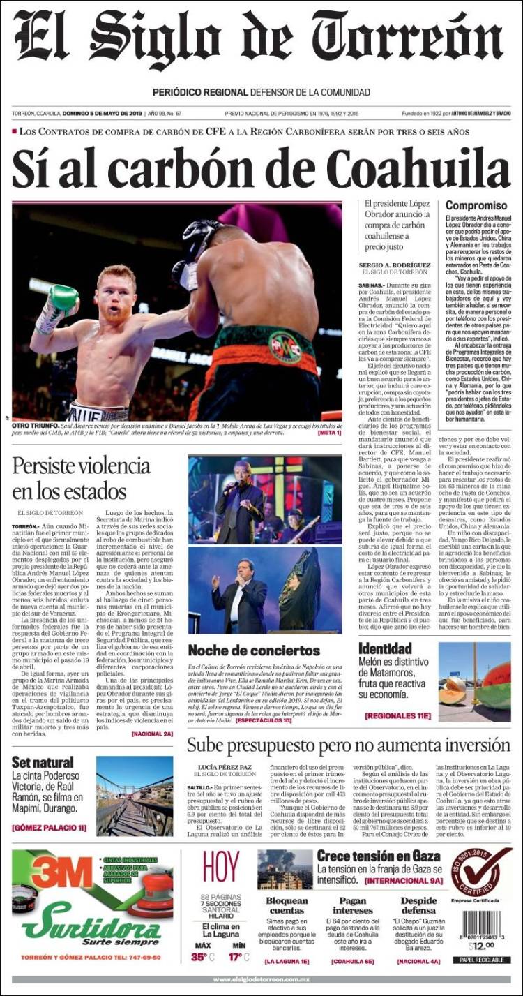 Portada de El Siglo de Torreon (M&eacute;xico)