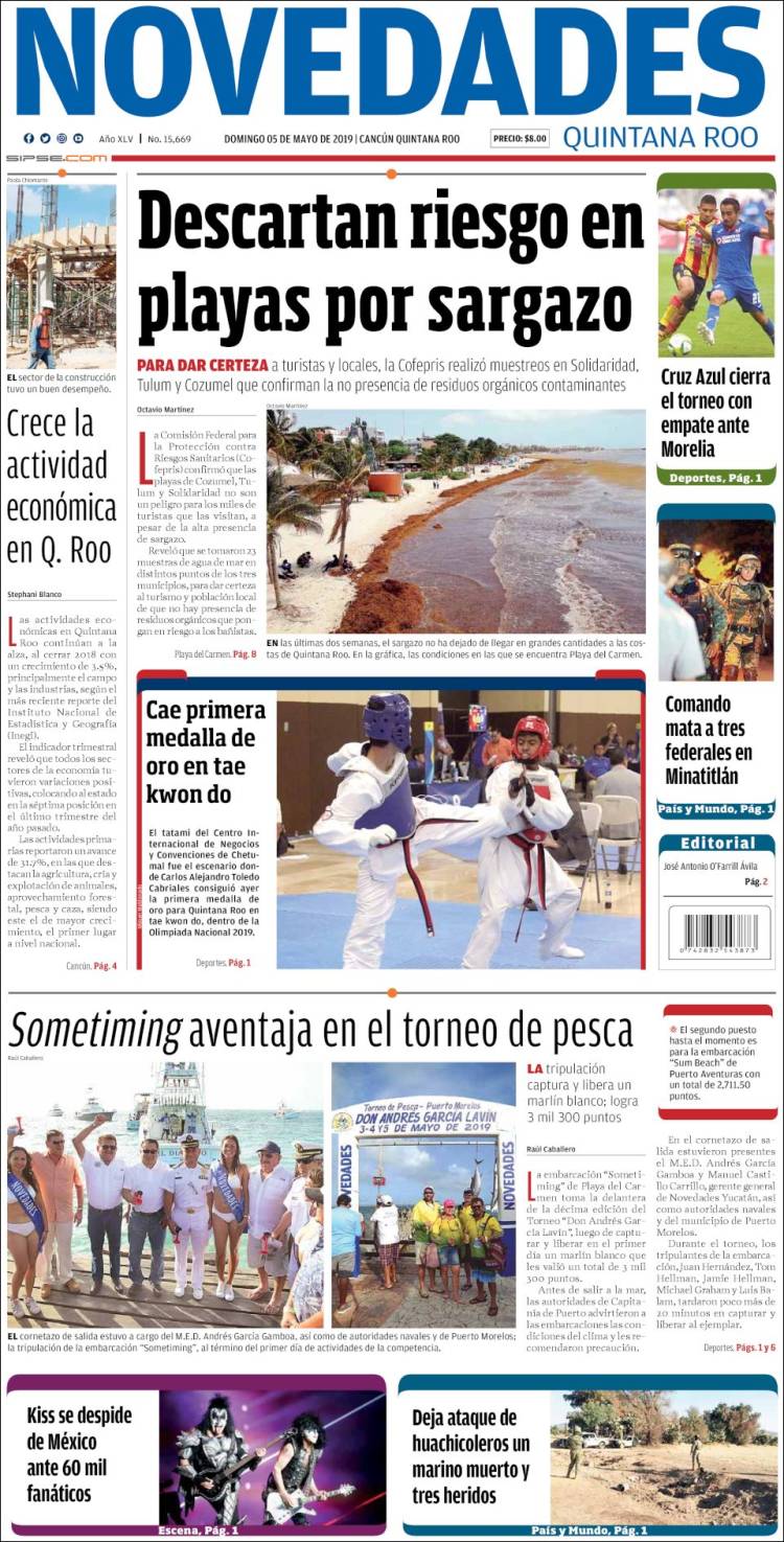 Periódico Novedades de Quintana Roo (México). Periódicos de México. Edición  de domingo, 5 de mayo de 2019. 