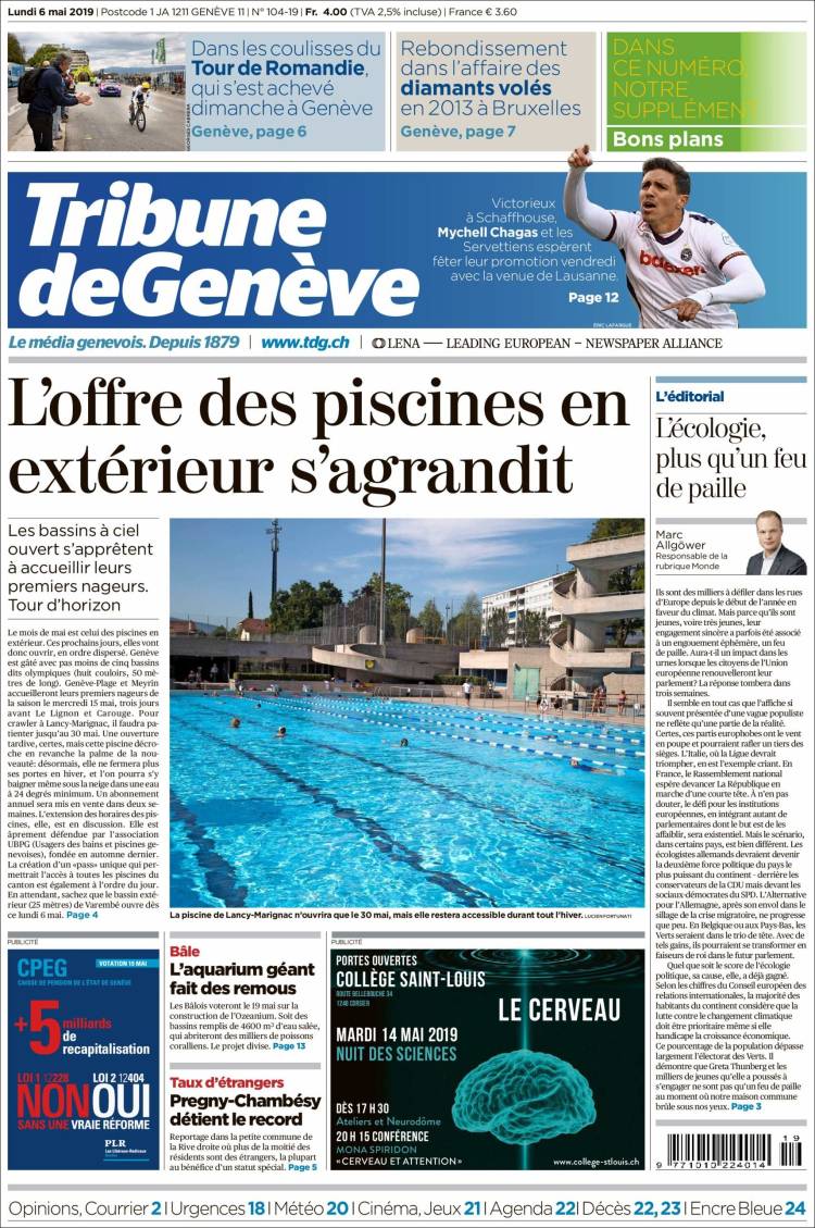 Portada de La Tribune de Genève (Suiza)