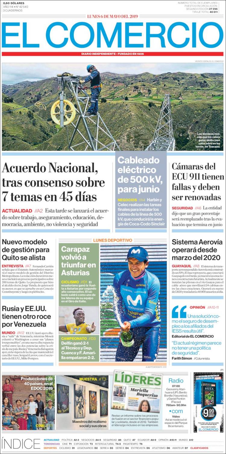Portada de El Comercio (Ecuador)
