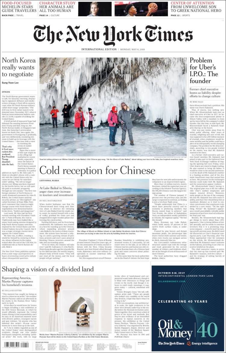 Portada de International New York Times (Europa)