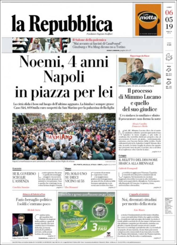 Portada de La Repubblica (Italia)