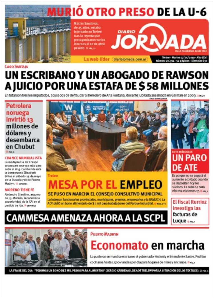 Portada de Diario Jornada en la Patagonia (Argentina)