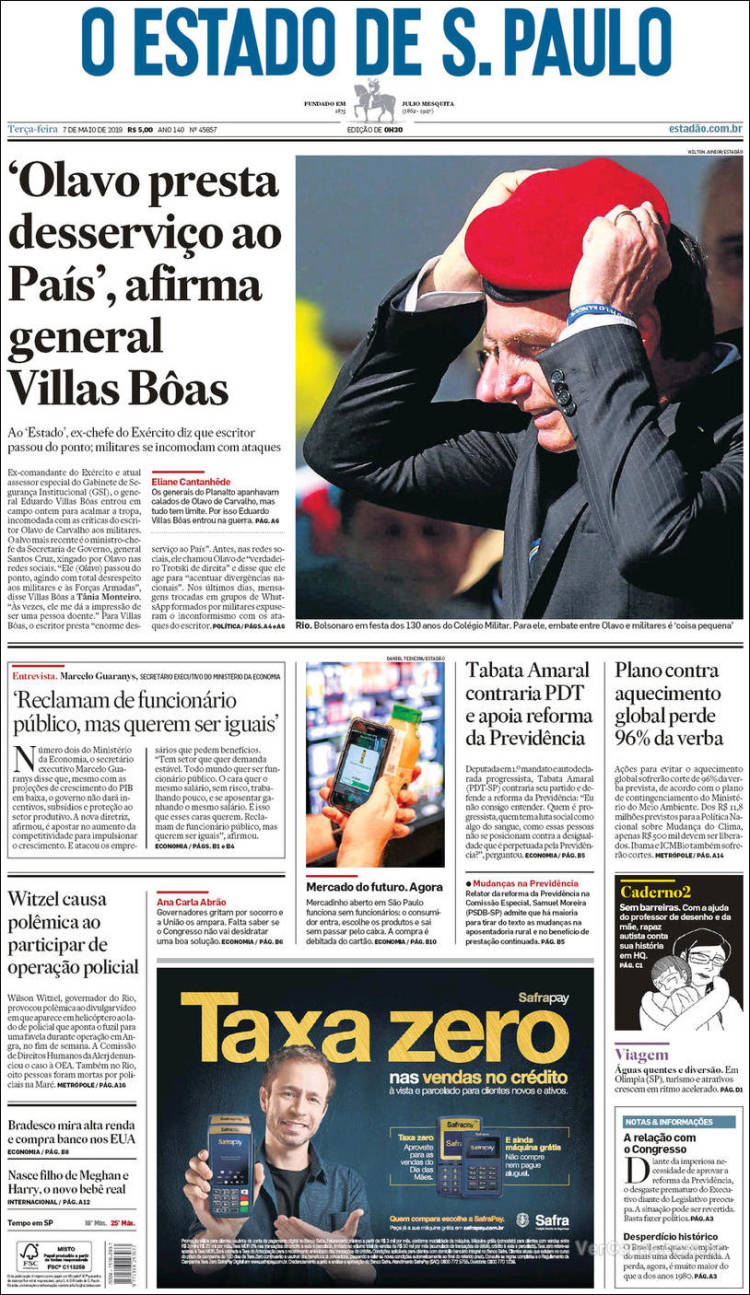 Portada de O Estado de São Paulo (Brasil)