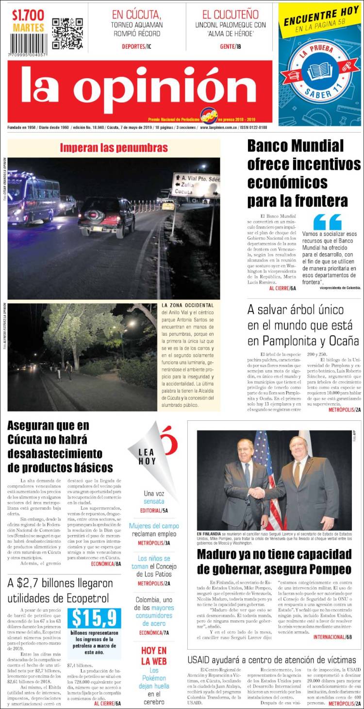 Portada de Diario La Opinion (Colombia)