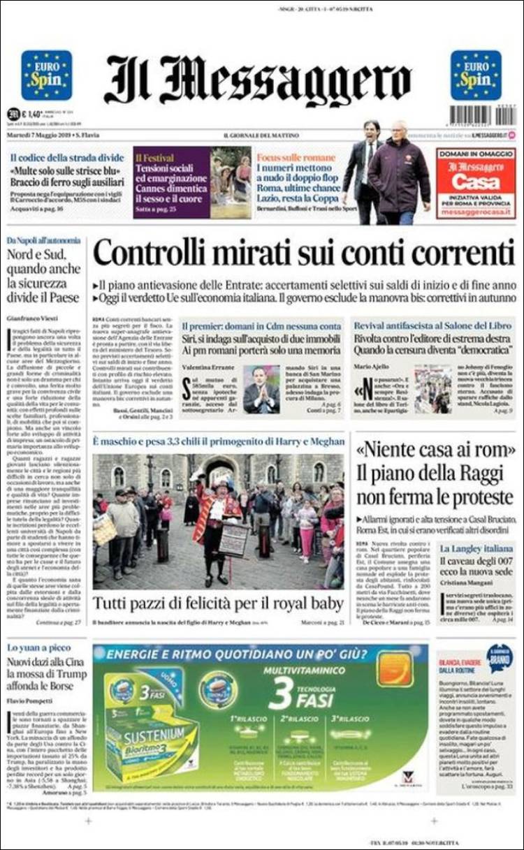 Portada de Il Messaggero (Italia)