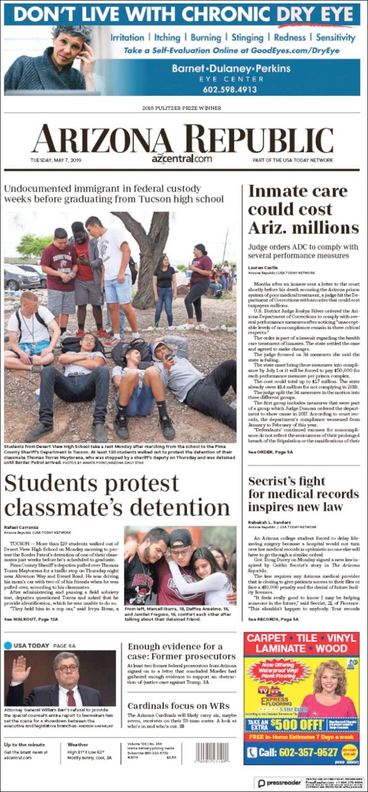 Portada de Arizona Republic News (USA)