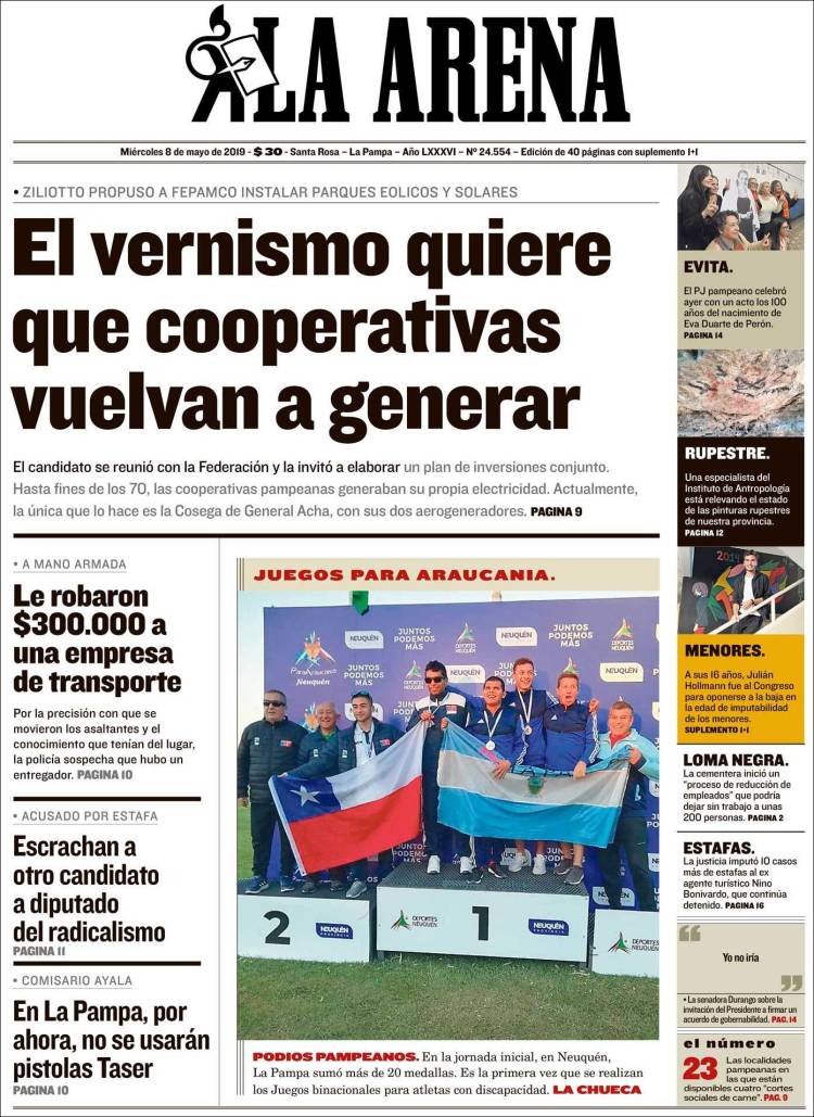 Portada de Diario La Arena (Argentina)