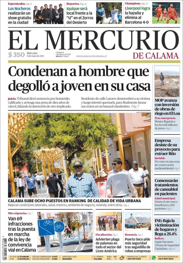 Portada de El Mercurio - Calama (Chile)