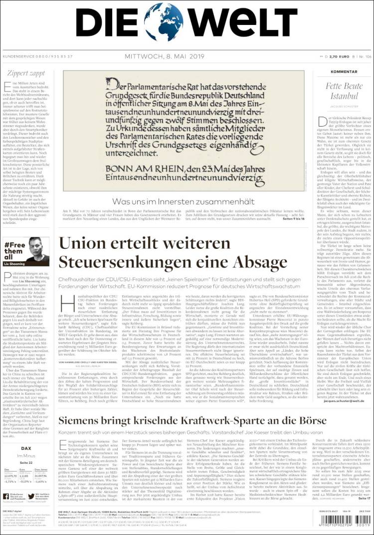 Portada de Die Welt (Alemania)