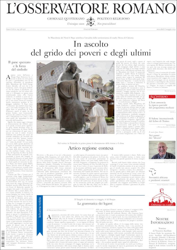 Portada de L'Osservatore Romano (Italia)