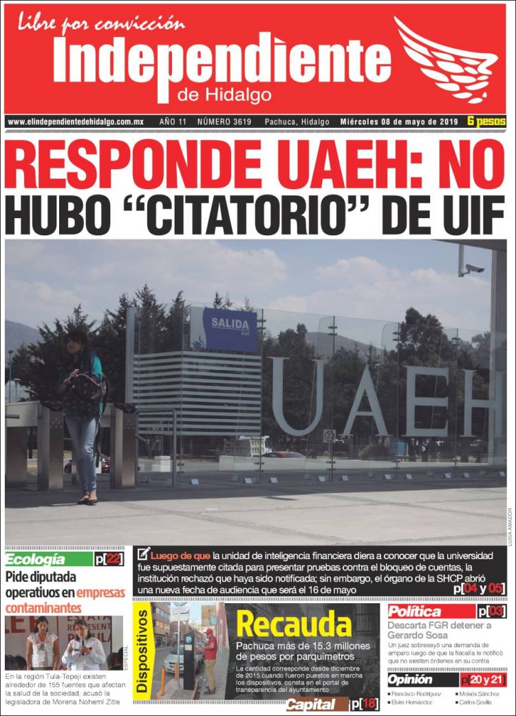 Portada de El Independiente de Hidalgo (M&eacute;xico)