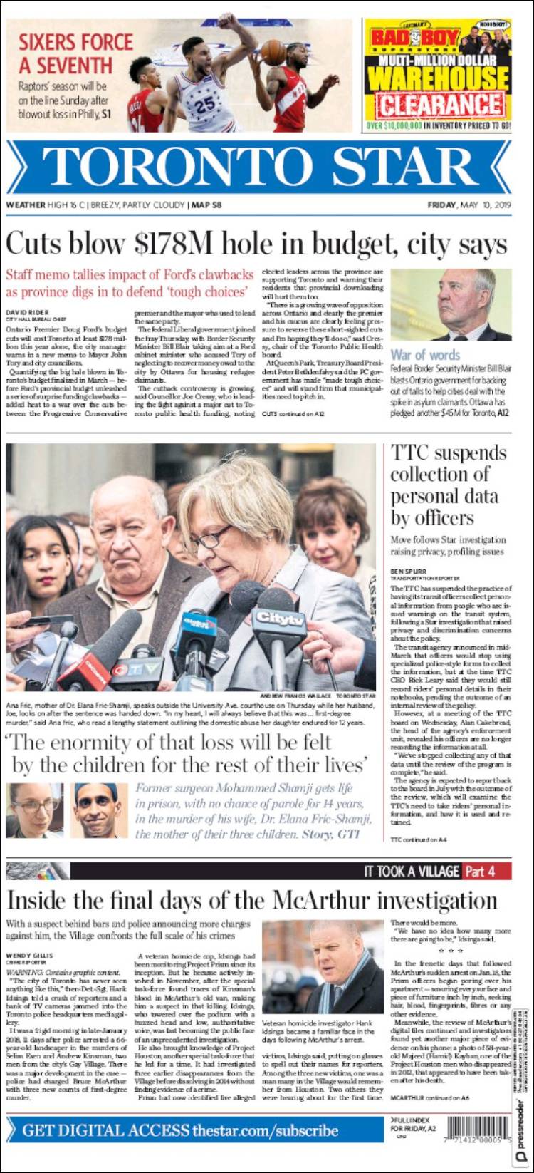 Portada de The Toronto Star (Canada)