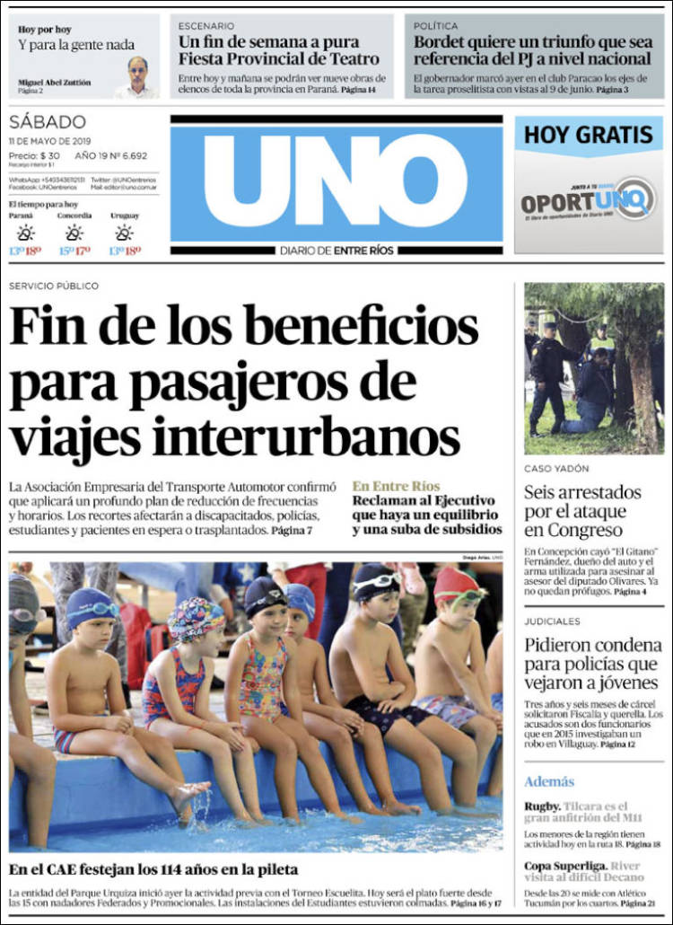 Portada de Diario Uno de Entre Ríos (Argentina)