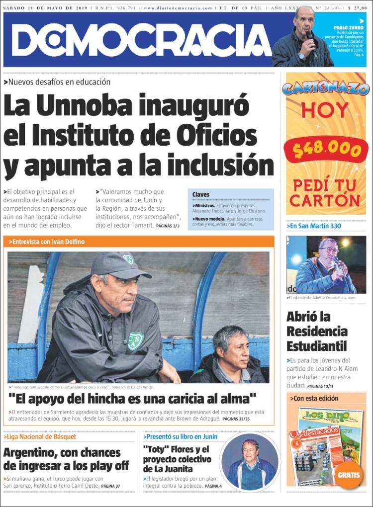 Portada de Diario Democracia (Argentina)