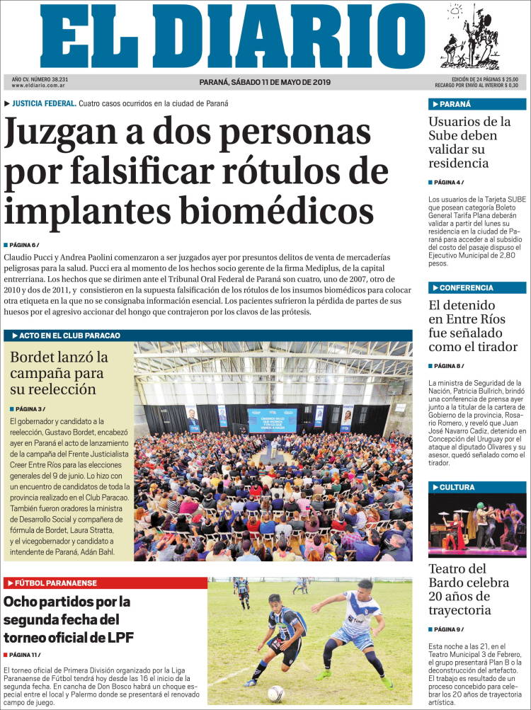 Portada de El Diario de Paraná (Argentina)