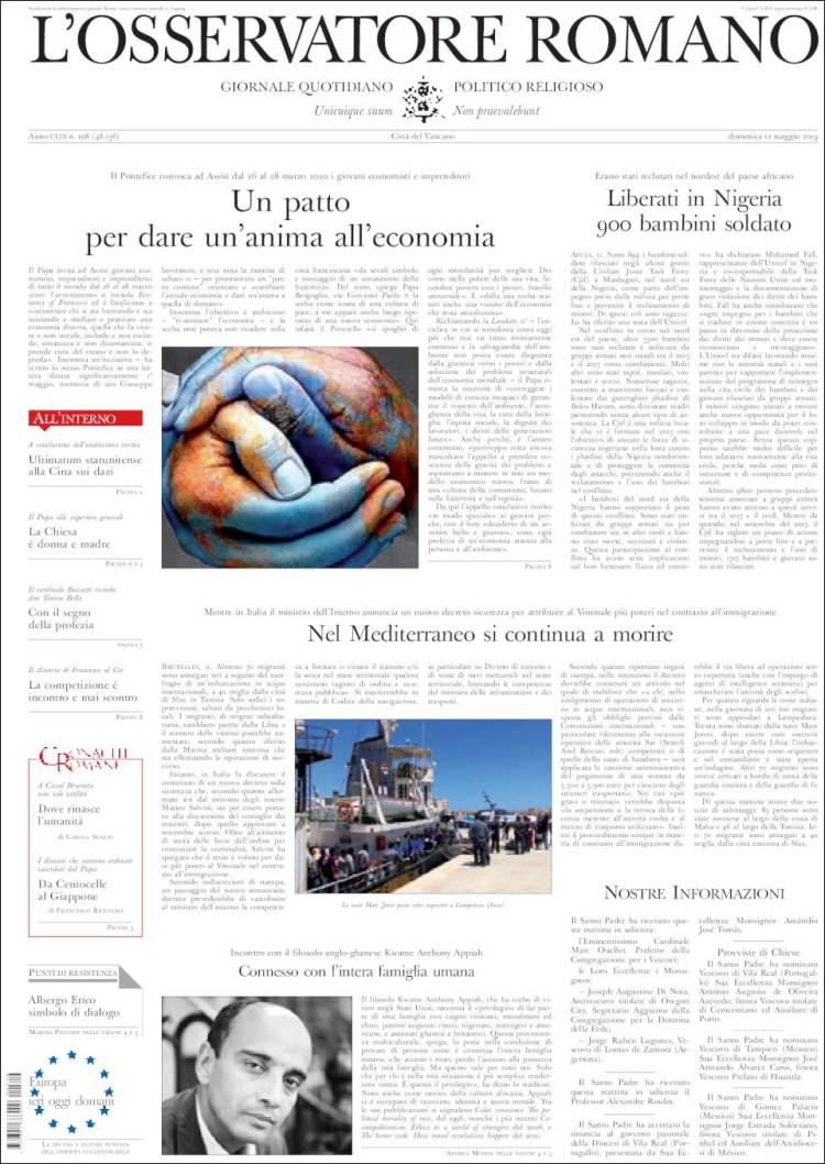Portada de L'Osservatore Romano (Italia)