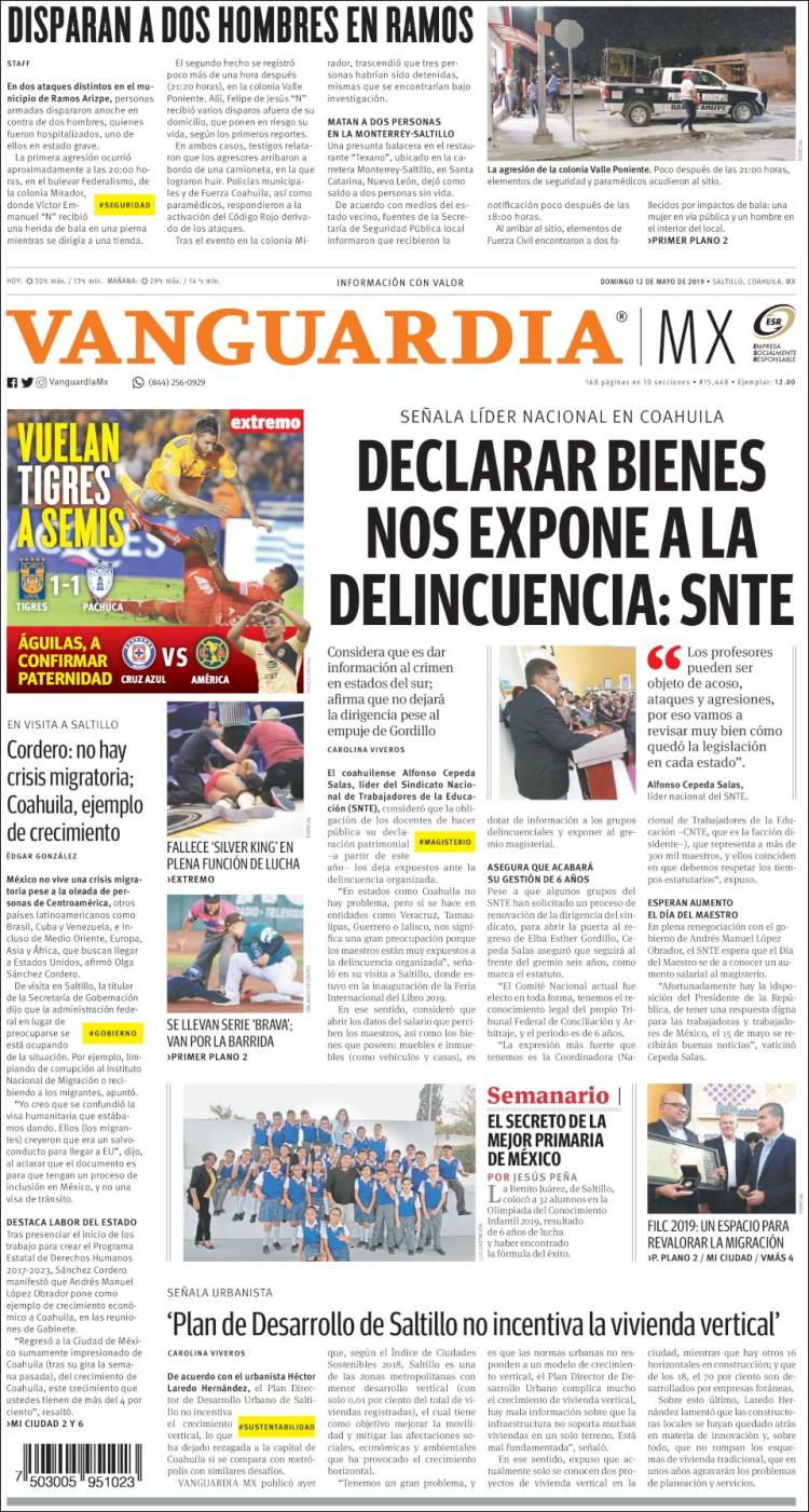 Portada de Vanguardia (México)