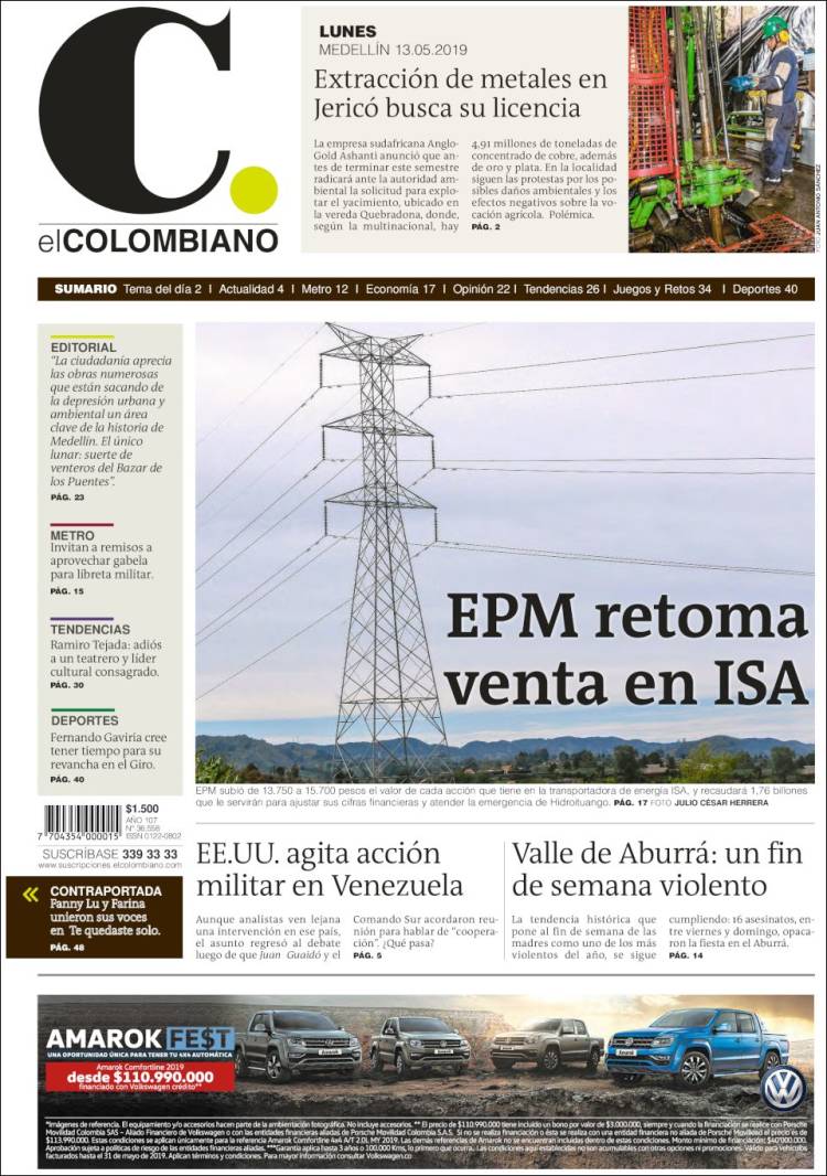 Portada de El Colombiano (Colombia)