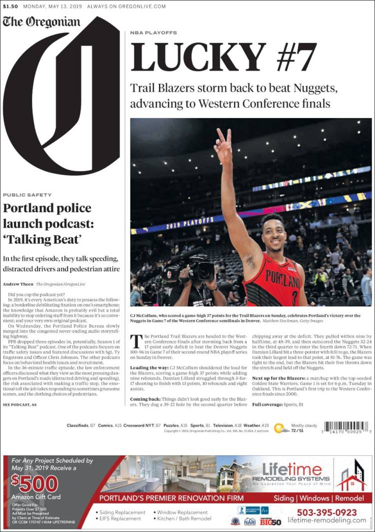 Portada de The Oregonian (USA)