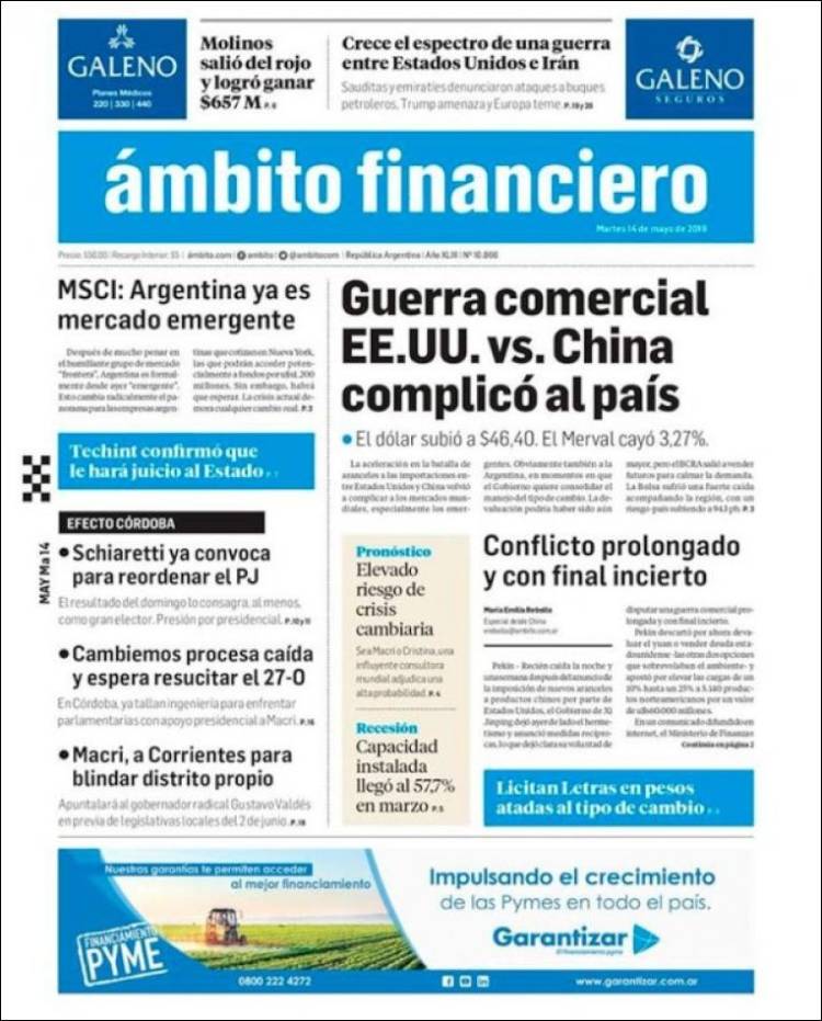 Portada de Diario Ambito Financiero (Argentina)