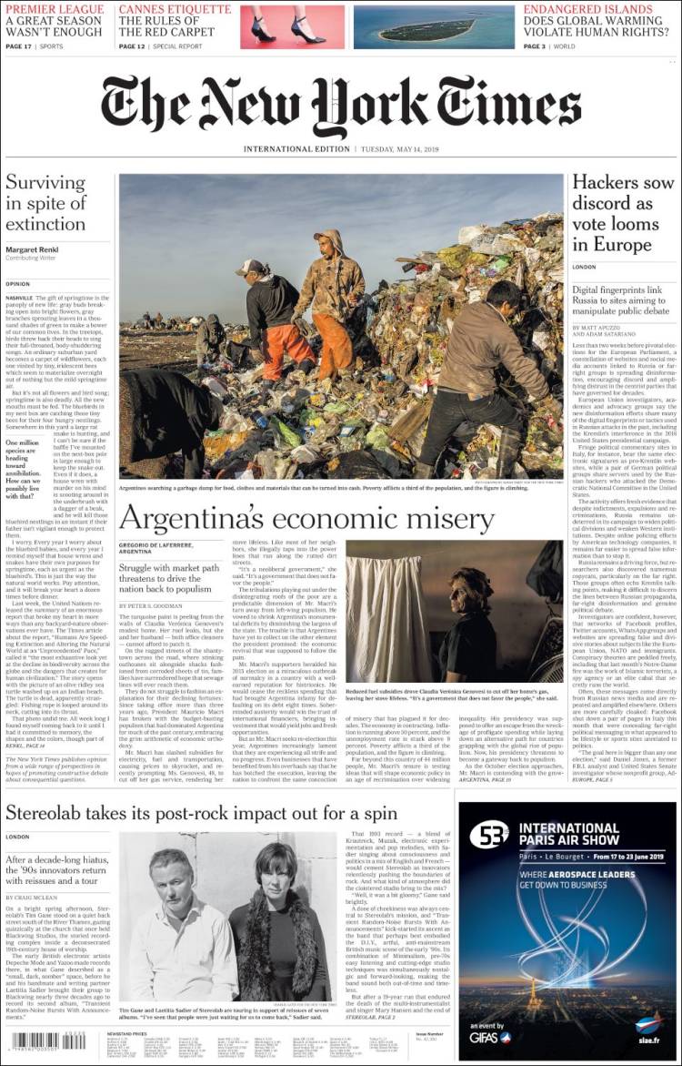 Portada de International New York Times (Europa)