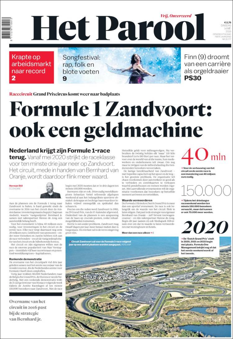 Portada de Het Parool (Pa&iacute;ses Bajos)