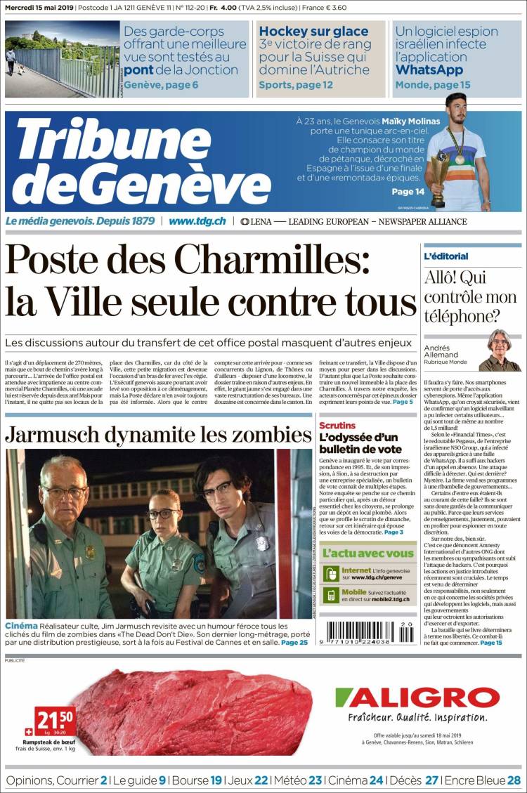 Portada de La Tribune de Genève (Suiza)