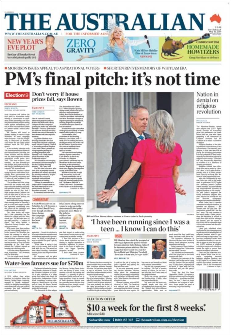 Newspaper The Australian (Australia). Newspapers in Australia. Thursday's edition, May 16 of 2019.