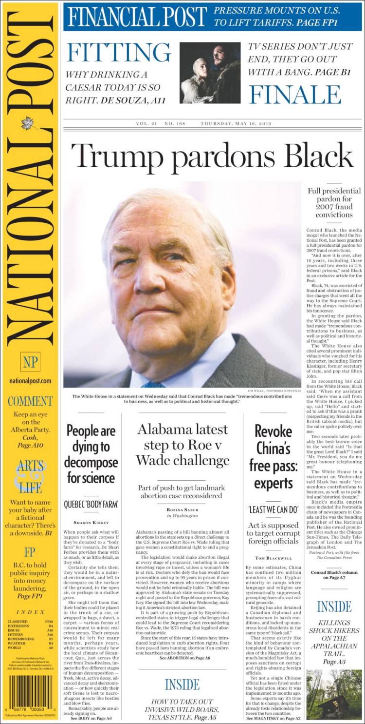 Portada de The National Post (Canadá)