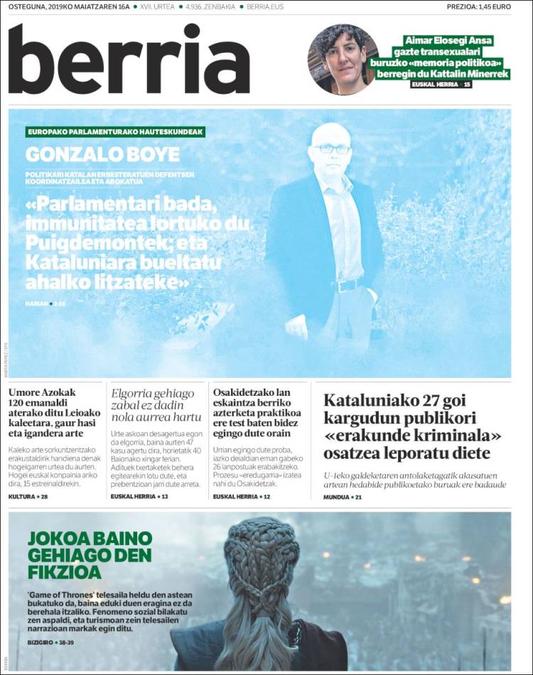 Portada de Berria (España)