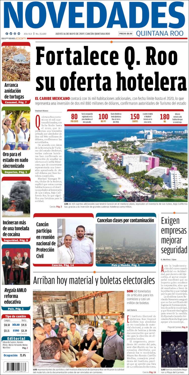 Periódico Novedades de Quintana Roo (México). Periódicos de México. Edición  de jueves, 16 de mayo de 2019. 