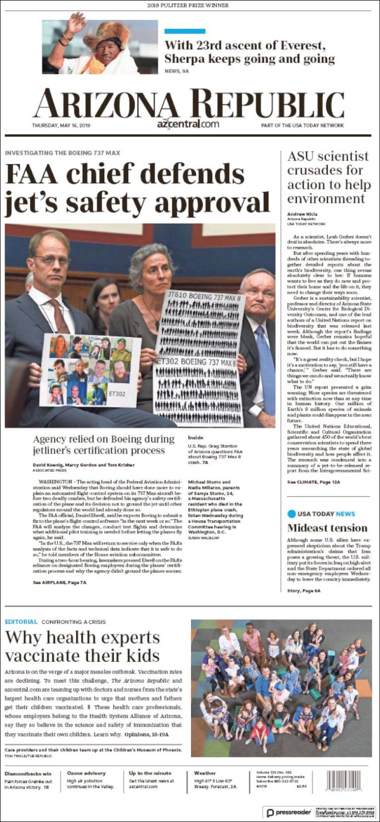 Portada de Arizona Republic News (USA)