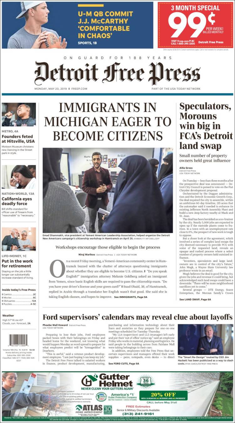 Portada de Detroit Free Press (USA)