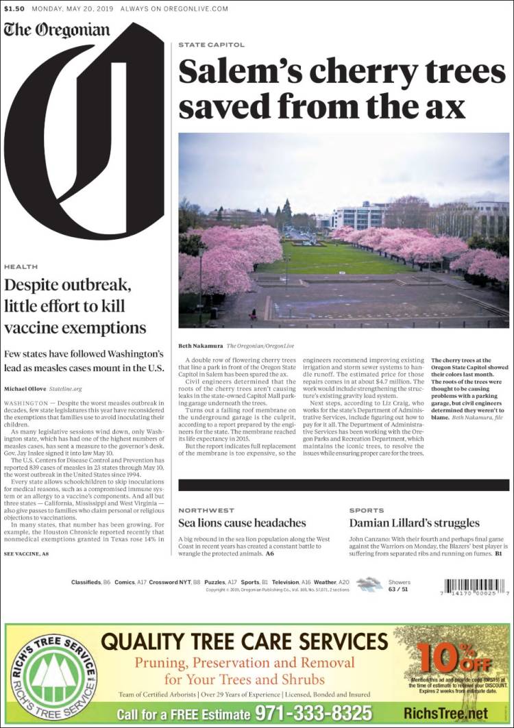 Portada de The Oregonian (USA)