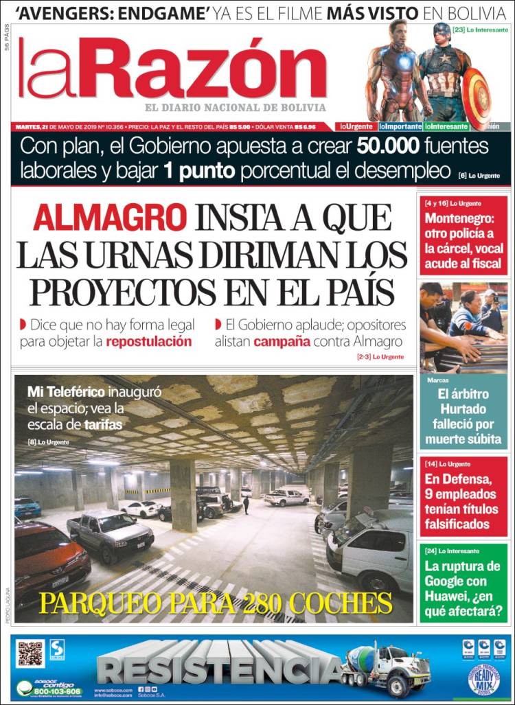 Portada de La Razón (Bolivia)