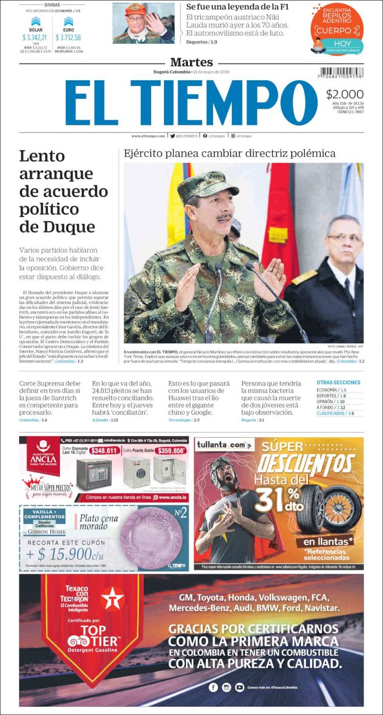Periódico El Tiempo (Colombia). Periódicos de Colombia. Edición de martes, 21 de mayo de 2019