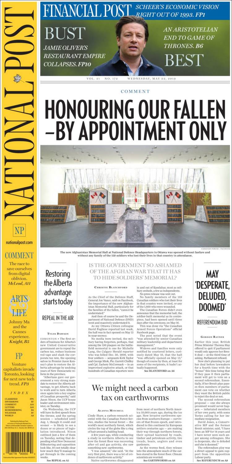 Portada de The National Post (Canada)