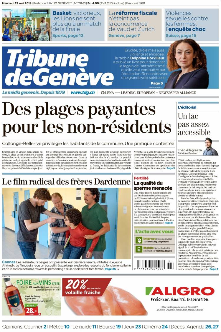 Portada de La Tribune de Genève (Suiza)