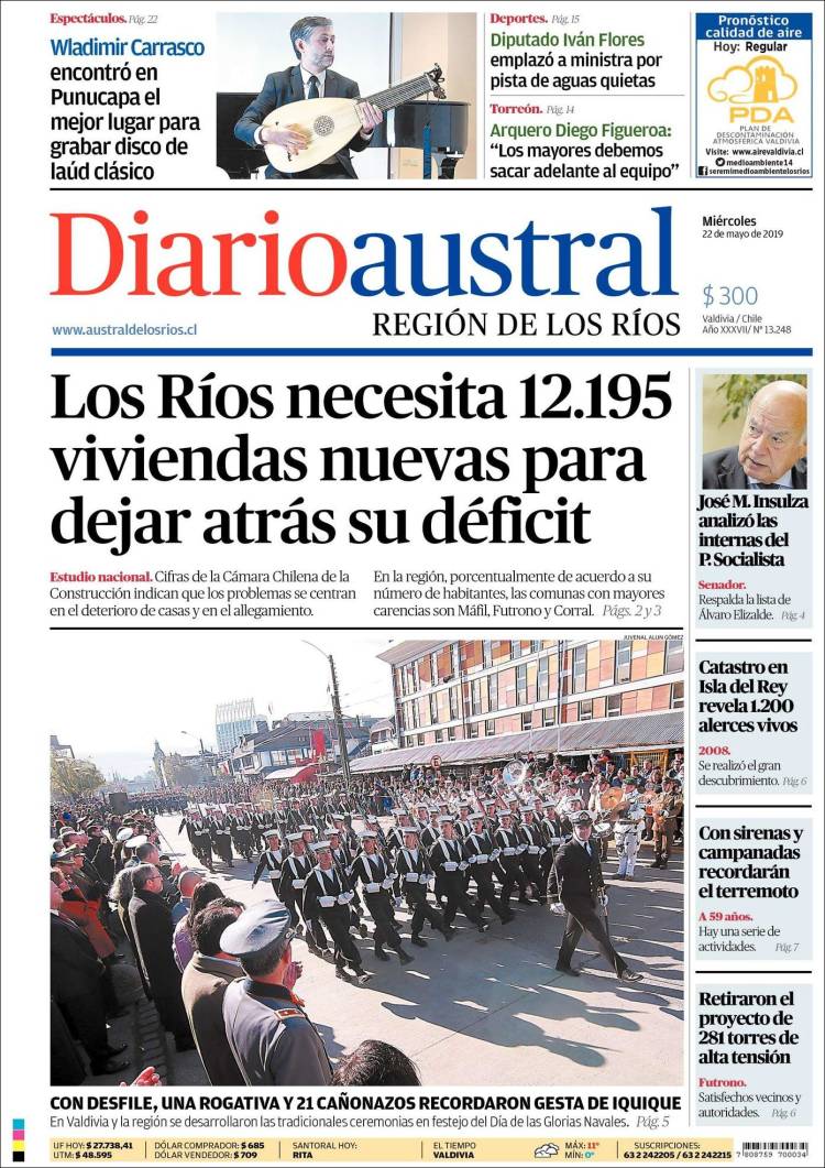 Portada de El Diario Austral de Valdivia (Chile)