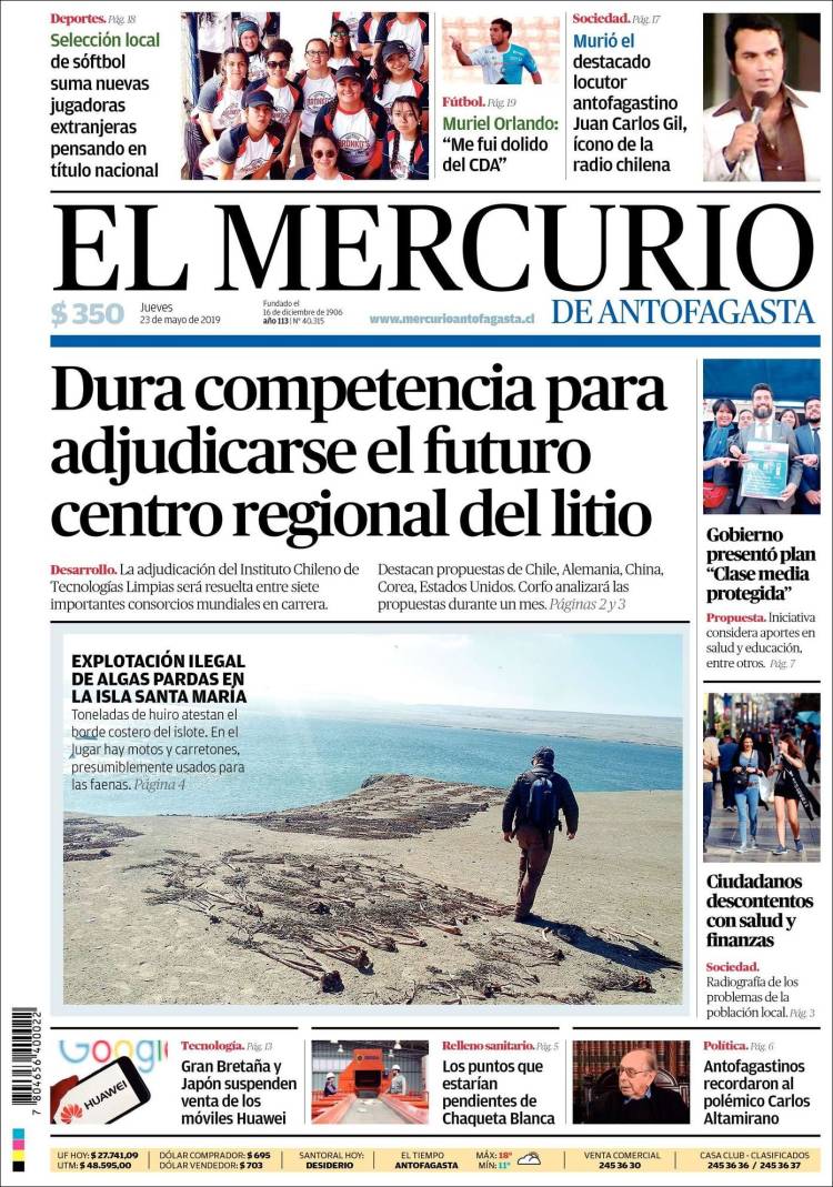 Portada de El Mercurio de Antofagasta (Chile)