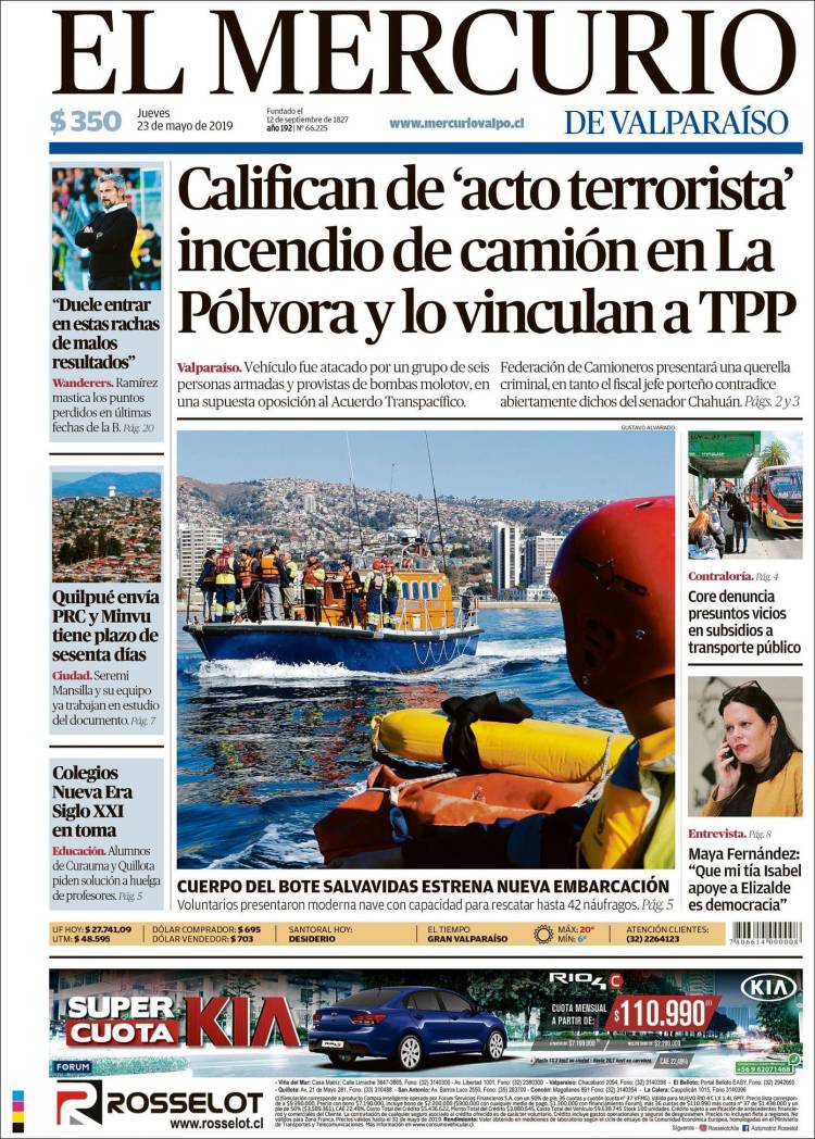 Portada de Mercurio de Valparaiso (Chile)
