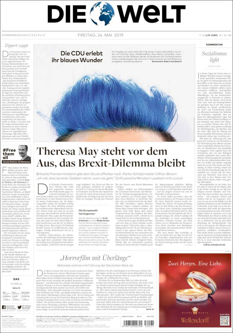 Portada de Die Welt (Alemania)