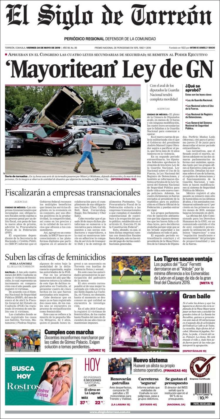 Portada de El Siglo de Torreon (M&eacute;xico)