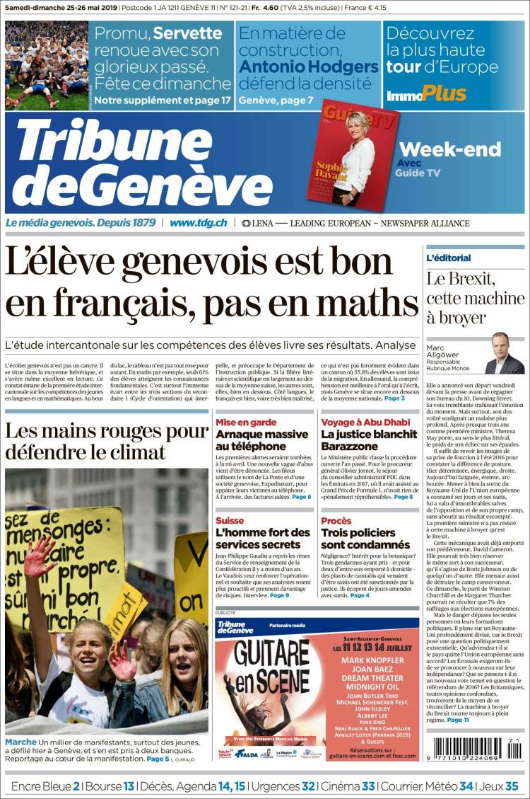 Portada de La Tribune de Genève (Suiza)
